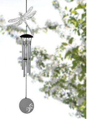 Woodstock Chimes Dragonfly Ornamental Wind Chime Silver New in Box Airy Tones